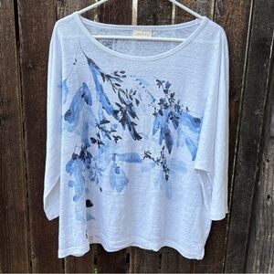 Poetry 100% Linen Jersey Knit Floral 3/4 Sleeve Top NWOT In White & Blue Sz 12